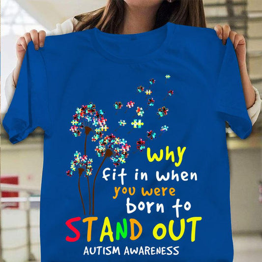 Por qué encajar cuando naciste para destacar, pieza de rompecabezas azul, diente de león, camiseta de concienciación sobre el autismo
