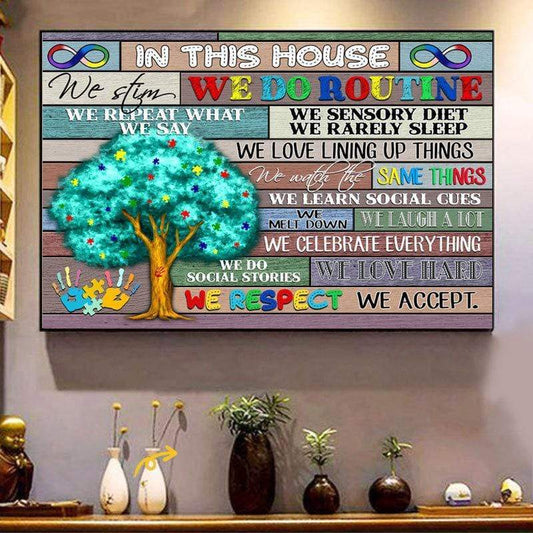 In This House We Do Routine We Sensory Diet, Funny Puzzle Piece Tree, Autism Awareness Poster, Canvas, Wall Print Art