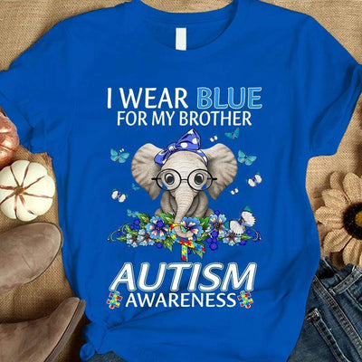 Autism Awareness Shirt For Kids, I Wear Blue For Brother, Butterfly Flower Elephant