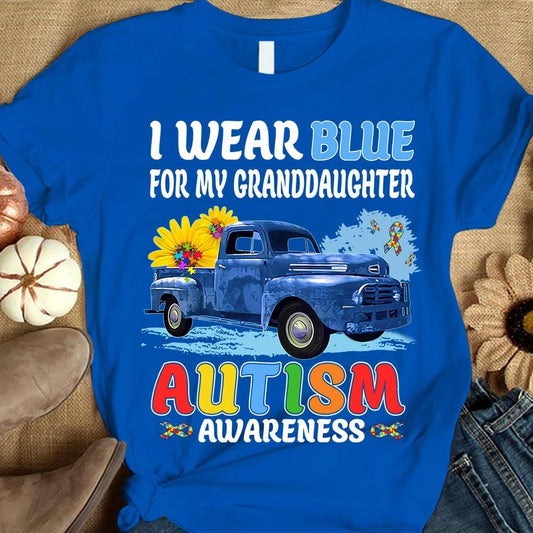 Llevo puesto el azul por mi nieta, cinta con forma de pieza de rompecabezas, girasol y coche, camiseta de concienciación sobre el autismo para abuelas y abuelos