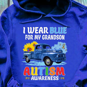 Camiseta de abuela autista, camiseta de abuelo autista "Me pongo azul por mi nieto", cinta de pieza de rompecabezas con girasol en el coche