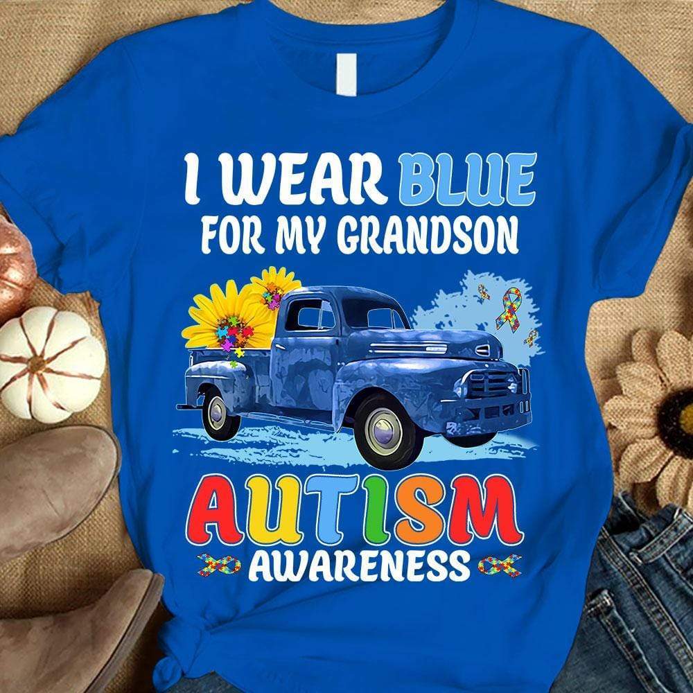 Autism Grandma Shirt, Autism Grandpa Shirt I Wear Blue For Grandson, Puzzle Piece Ribbon Sunflower Car