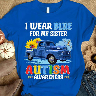 Autism Awareness Shirt For Kids, Wear Blue For Sister, Puzzle Piece Sunflower Car
