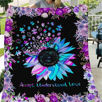 Autism Acceptance Fleece & Sherpa Blanket, Puzzle Piece Sunflower