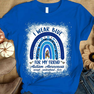 Camiseta de concienciación sobre la aceptación del autismo, "Me pongo azul por un amigo", pieza de rompecabezas de arcoíris