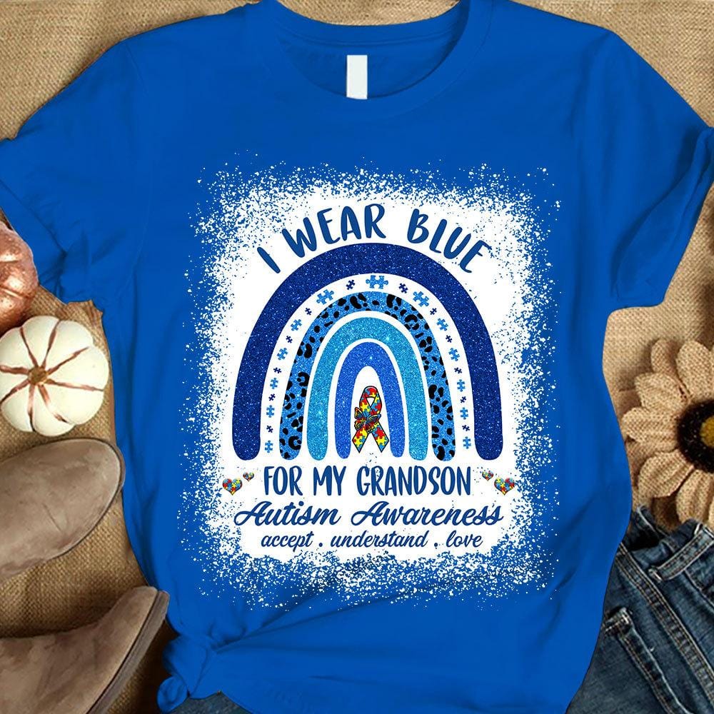 Autism Grandma Awareness Shirt, I Wear Blue For Grandson, Puzzle Piece Rainbow