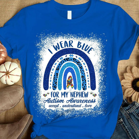 Camiseta de concienciación sobre la aceptación del autismo, "Me pongo azul por mi sobrino", pieza de rompecabezas de arcoíris