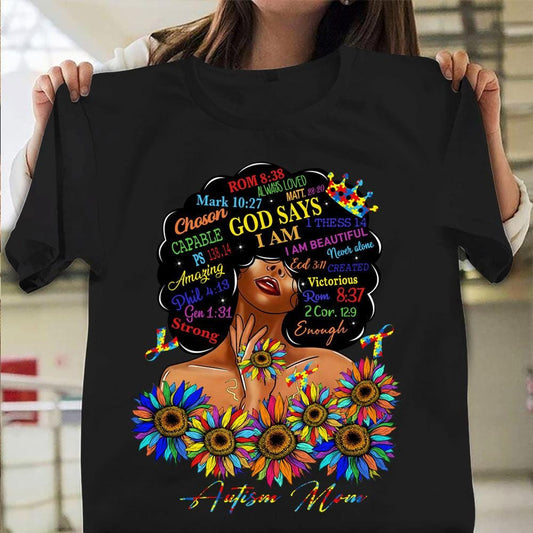 Camiseta de concienciación para madres con autismo, Dios dice que soy fuerte, pieza de rompecabezas con lazo y girasol