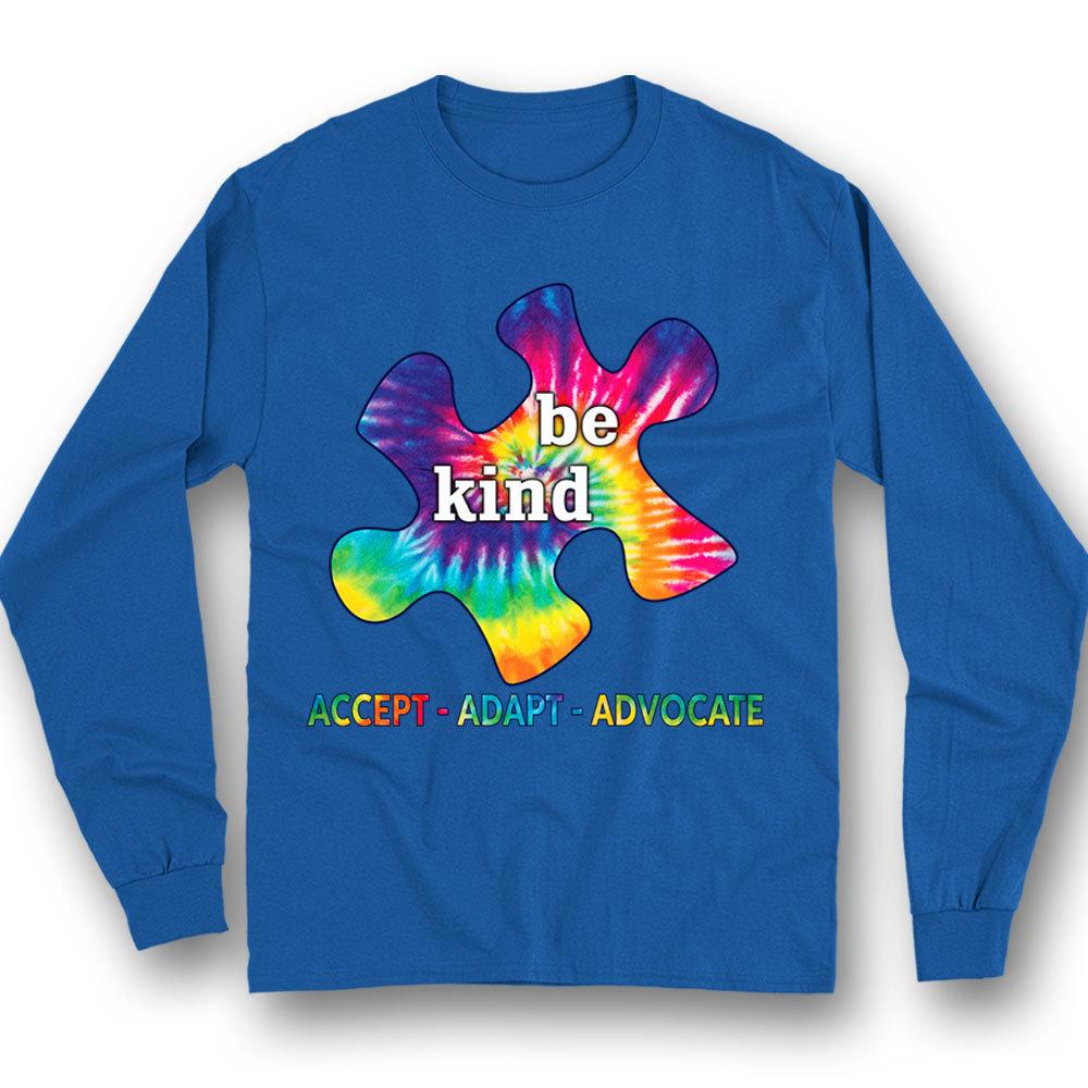 Camiseta de aceptación del autismo Sea amable, adáptese, abogue por las piezas del rompecabezas