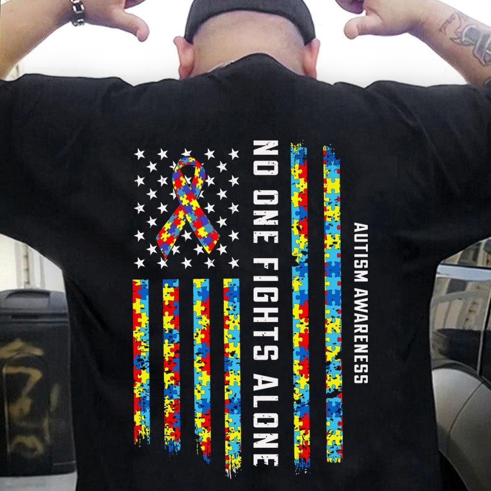 Autism Awareness Support Shirt, No One Fights Alone Ribbon American Flag