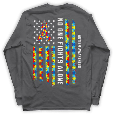 Autism Awareness Support Shirt, No One Fights Alone Ribbon American Flag