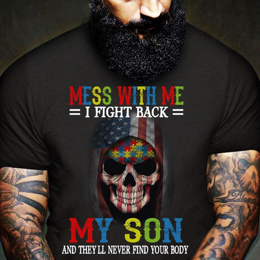 Camiseta de papá autista, Mess With Me I Fight Back, bandera estadounidense con calavera, camiseta de concienciación sobre el autismo