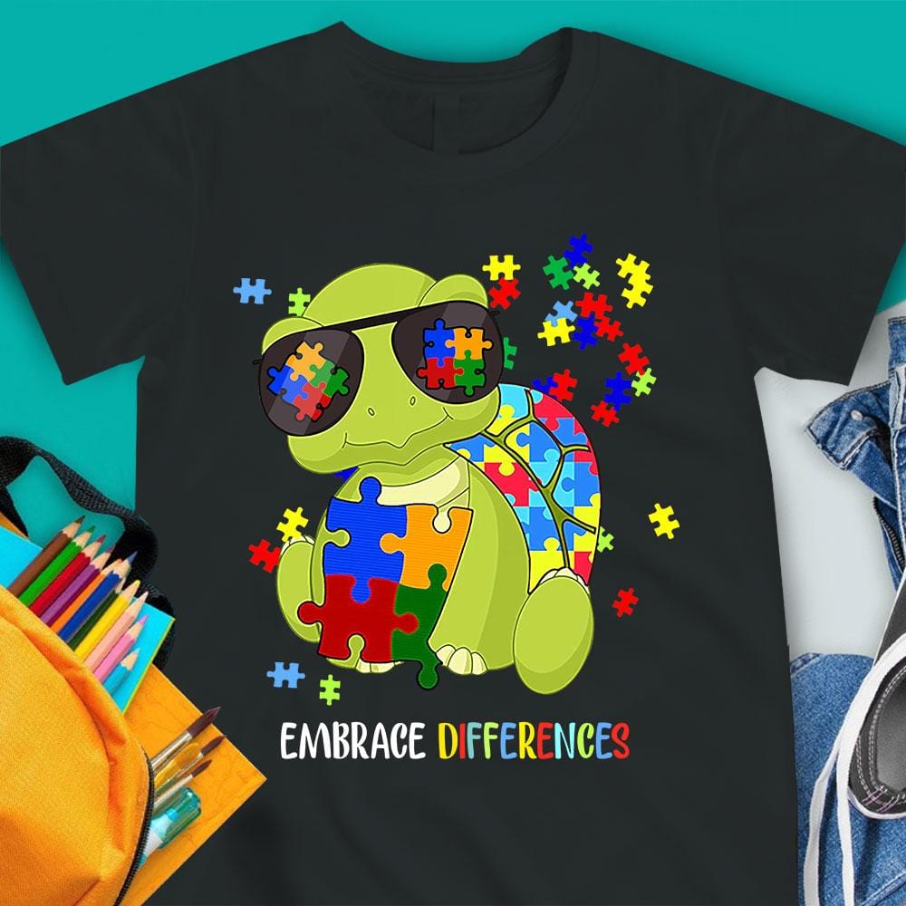 Autism Shirt For Kids, Embrace Differences, Puzzle Piece Turtle, Standard Youth Shirt, Autism Awareness Shirt