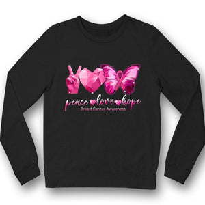 Camiseta de concienciación sobre el cáncer de mama con el lema Paz, amor, esperanza y corazón de mariposa