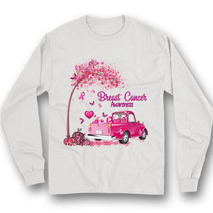 Camiseta con lazo rosa, árbol y coche, concienciación sobre el cáncer de mama