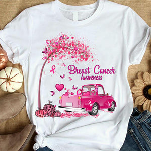 Camiseta con lazo rosa, árbol y coche, concienciación sobre el cáncer de mama