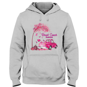 Camiseta con lazo rosa, árbol y coche, concienciación sobre el cáncer de mama