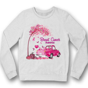 Camiseta con lazo rosa, árbol y coche, concienciación sobre el cáncer de mama