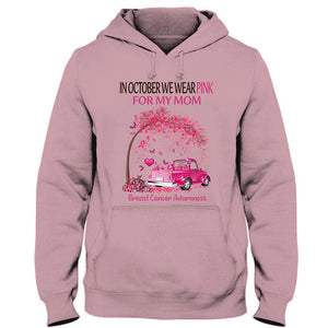 En octubre usamos rosa por mi mamá, árbol de cintas y auto, camiseta de concientización sobre el cáncer de mama