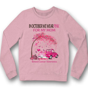 En octubre usamos rosa por mi mamá, árbol de cintas y auto, camiseta de concientización sobre el cáncer de mama