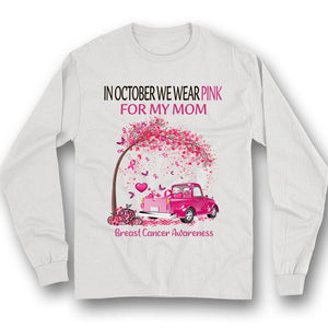 En octubre usamos rosa por mi mamá, árbol de cintas y auto, camiseta de concientización sobre el cáncer de mama