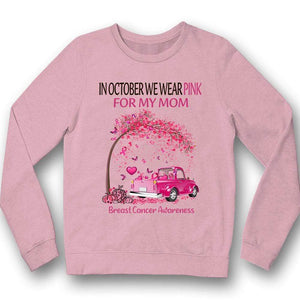 En octubre usamos rosa por mi mamá, árbol de cintas y auto Sudadera con capucha y camiseta contra el cáncer de mama