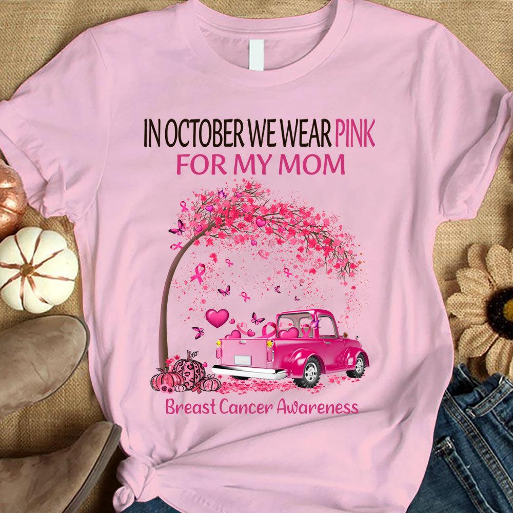 En octubre usamos rosa por mi mamá, árbol de cintas y auto, camiseta de concientización sobre el cáncer de mama