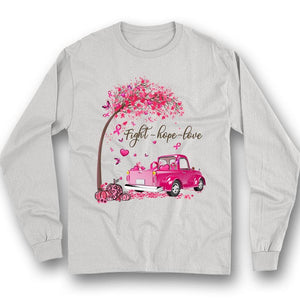 Camiseta con el lema "Lucha, esperanza, amor", árbol y coche con lazo rosa, para concienciar a los supervivientes del cáncer de mama