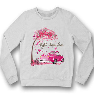 Camiseta con el lema "Lucha, esperanza, amor", árbol y coche con lazo rosa, para concienciar a los supervivientes del cáncer de mama