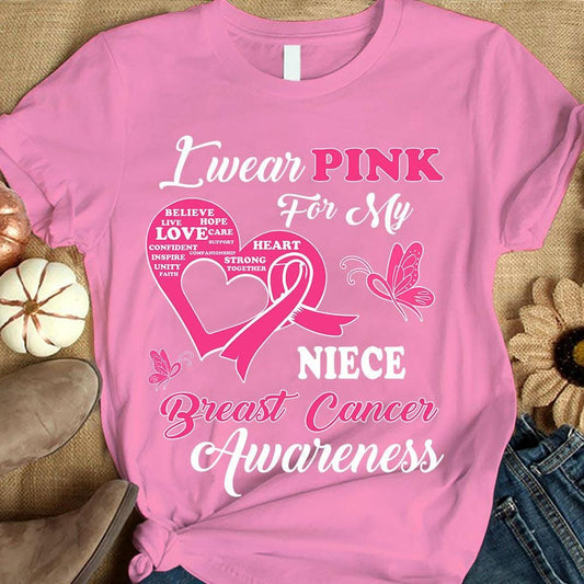 Llevo rosa por mi sobrina, camiseta de concientización sobre el cáncer de mama, mariposa de lazo