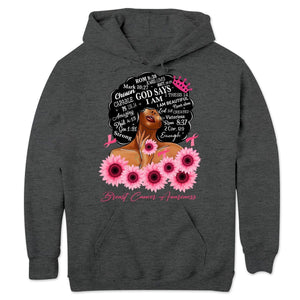 Dios dice que soy fuerte, sudadera con capucha y camiseta de mujer superviviente de cáncer de mama con lazo de girasol