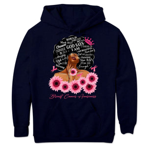 Dios dice que soy fuerte, sudadera con capucha y camiseta de mujer superviviente de cáncer de mama con lazo de girasol