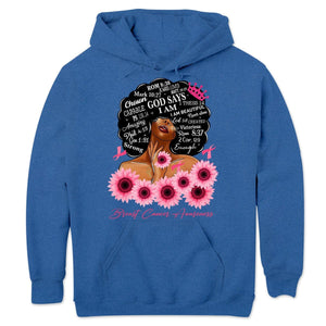 Dios dice que soy fuerte, sudadera con capucha y camiseta de mujer superviviente de cáncer de mama con lazo de girasol