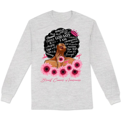 God Says I Am Strong, Breast Cancer Warrior Awareness Shirt, Ribbon Sunflower Woman