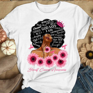 God Says I Am Strong Ribbon Sunflower, Breast Cancer Warrior Long Sleeve Shirts