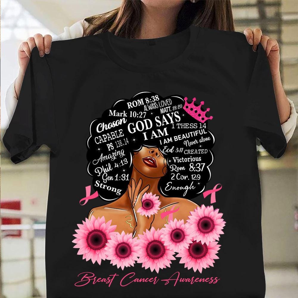 God Says I Am Strong, Breast Cancer Warrior Awareness Shirt, Ribbon Sunflower Woman