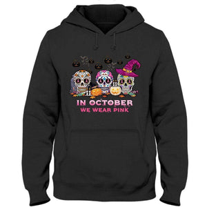 En octubre usamos sudadera y camiseta rosa con calaveras para Halloween contra el cáncer de mama