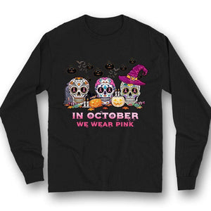 En octubre usamos sudadera y camiseta rosa con calaveras para Halloween contra el cáncer de mama