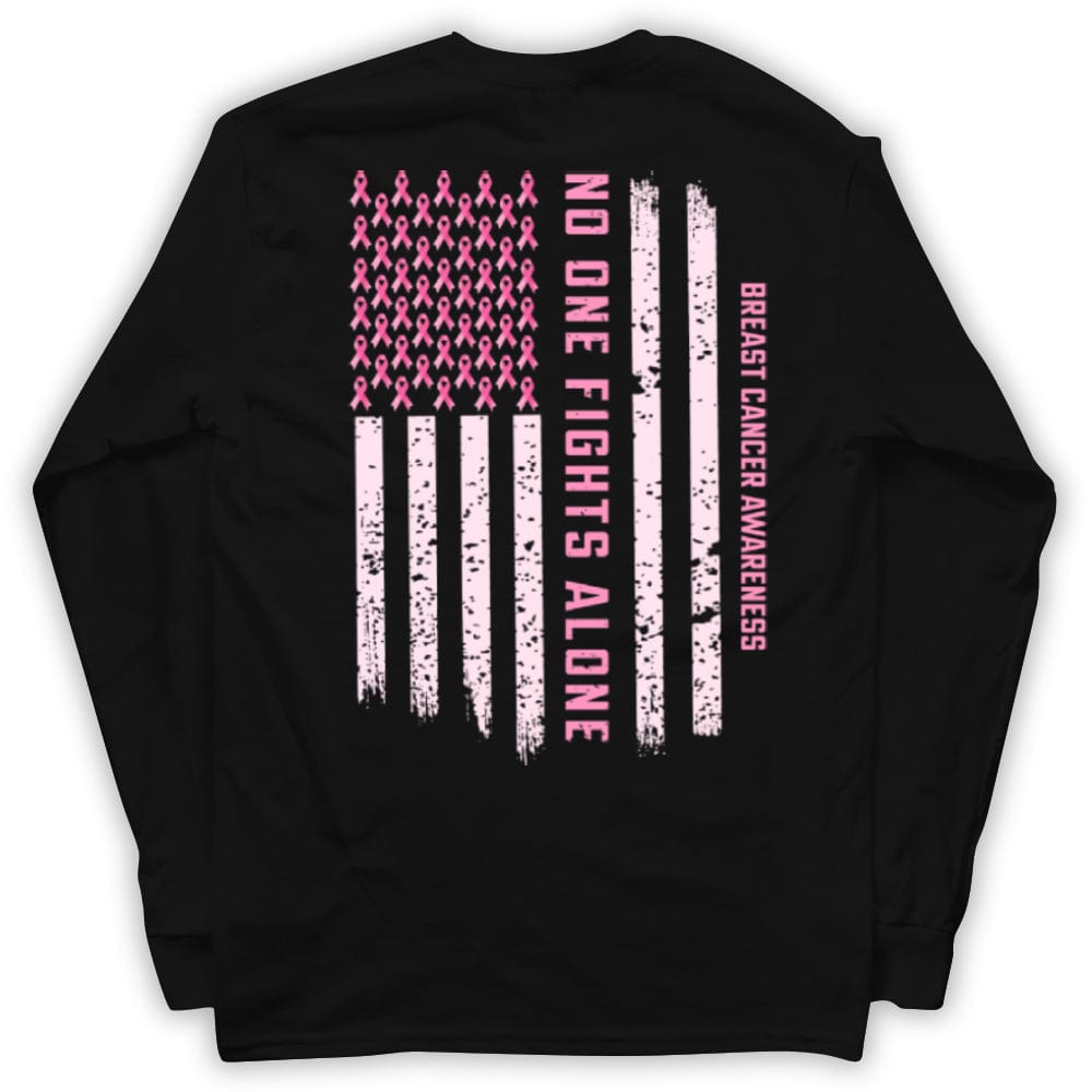 Camiseta de apoyo para la concientización sobre el cáncer de mama, cinta con la bandera estadounidense que dice "Nadie lucha solo"