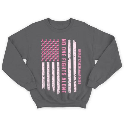 Breast Cancer Awareness Support Shirt, No One Fights Alone Pink Ribbon American Flag