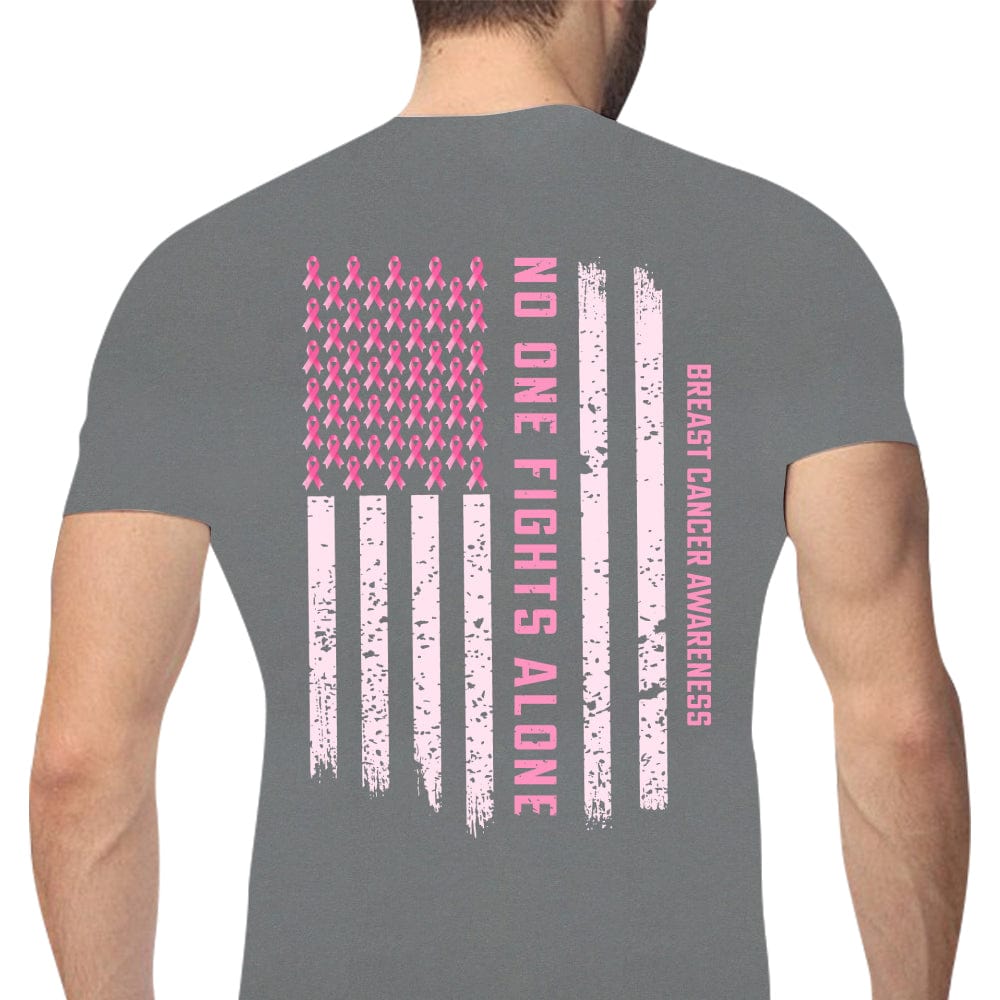 Camiseta de apoyo para la concientización sobre el cáncer de mama, cinta con la bandera estadounidense que dice "Nadie lucha solo"