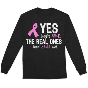 Sí, son falsos. Los verdaderos intentaron matarme. Sudadera con capucha y camisetas contra el cáncer de mama.