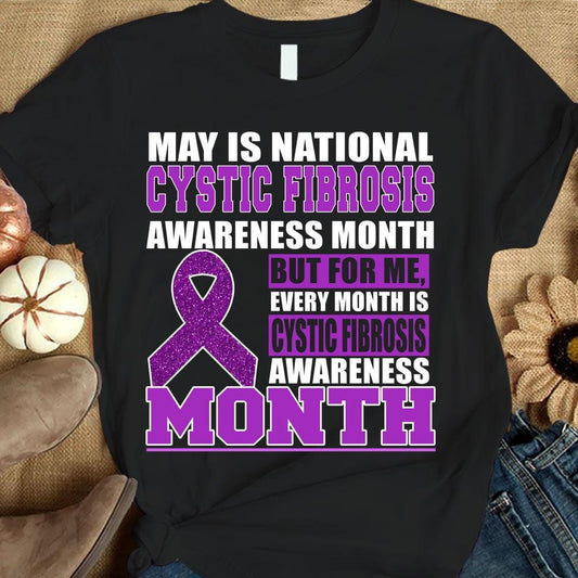 Mayo es el mes nacional, camiseta con lazo morado para concienciar sobre la fibrosis quística