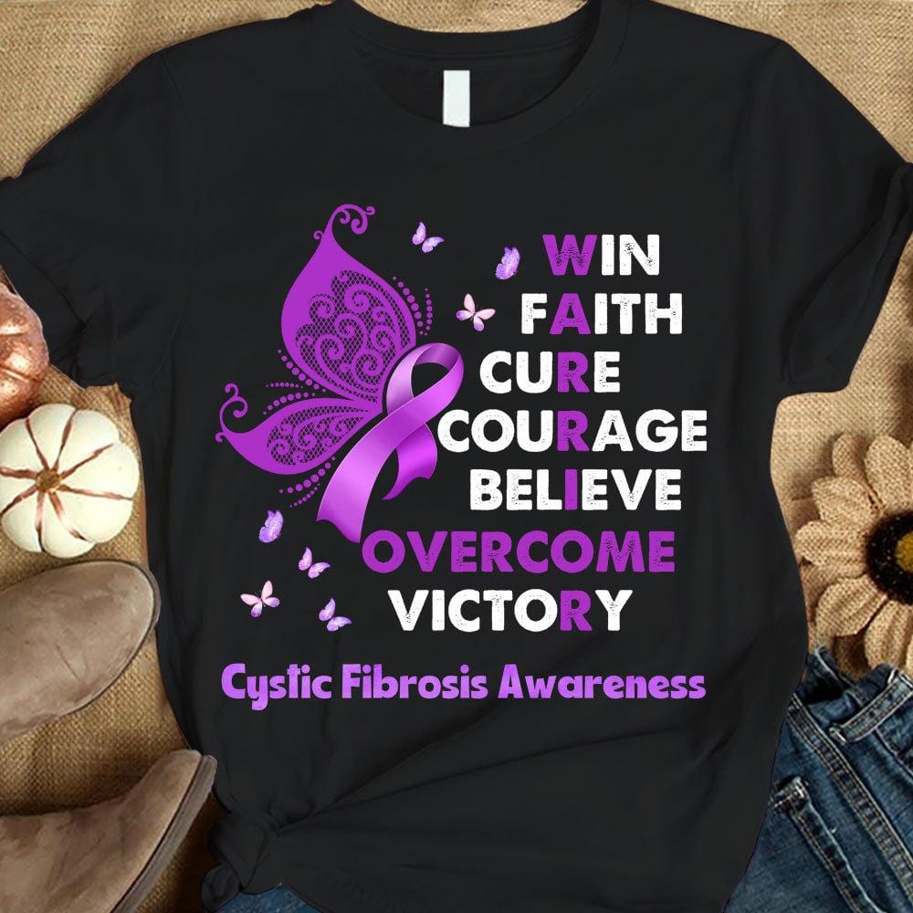 Cystic Fibrosis Awareness Shirt, Win Faith Cure Overcome, Purple Ribbon Butterfly