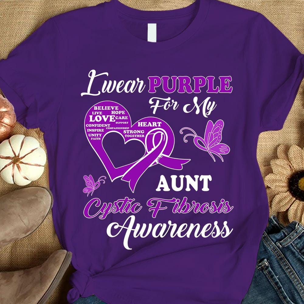 I Wear Purple For Aunt, Cystic Fibrosis Awareness Support Shirt, Ribbon Butterfly