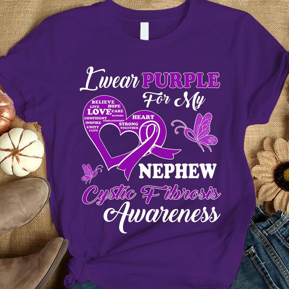 I Wear Purple For Nephew, Cystic Fibrosis Awareness Support Shirt, Ribbon Butterfly