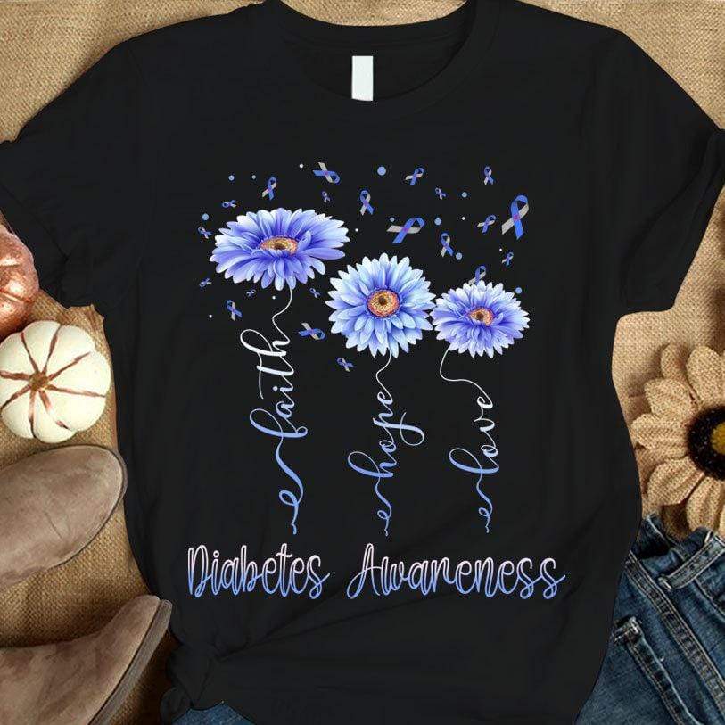 Camiseta de apoyo a la concienciación sobre la diabetes con gerberas, lazos y fe