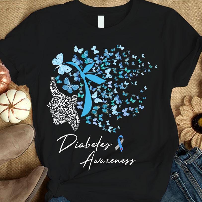 Camiseta de apoyo a la fe, la esperanza, el amor y la cura, mujer mariposa, concienciación sobre la diabetes