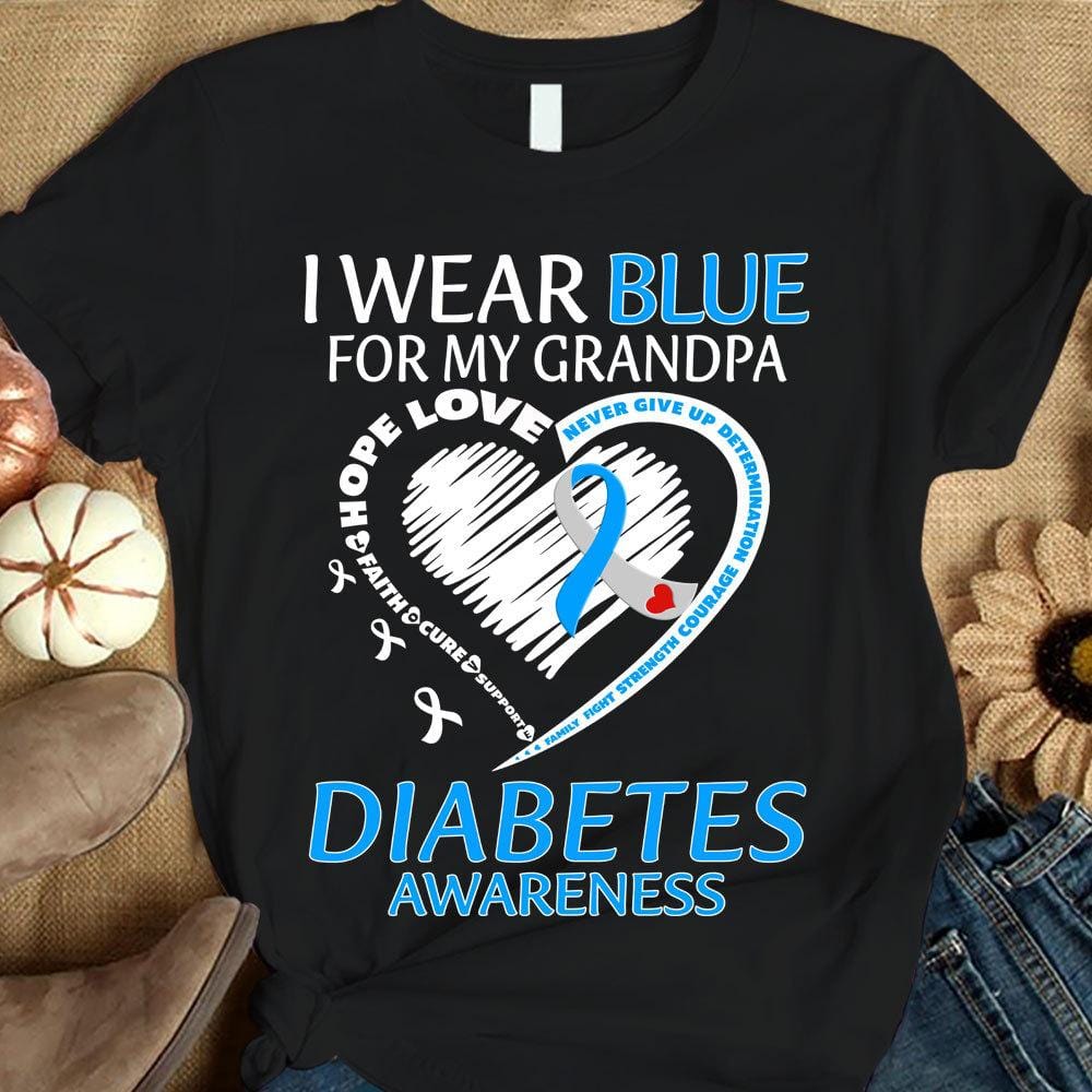 I Wear Blue For My Grandpa, Ribbon Heart, Diabetes Awareness Support Warrior Shirt