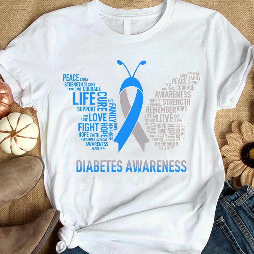 Faith Hope Love Cure, Blue Ribbon Butterfly, Diabetes Awareness Support Shirt